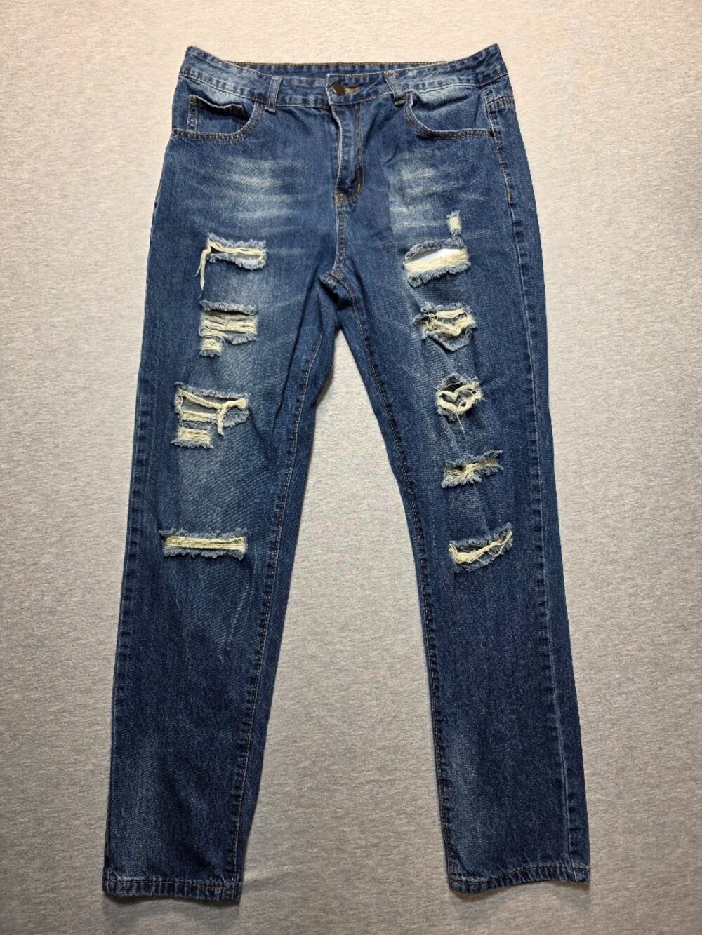 Heavy Distressed Ripped Jeans Dark Wash Straight Leg Size 34